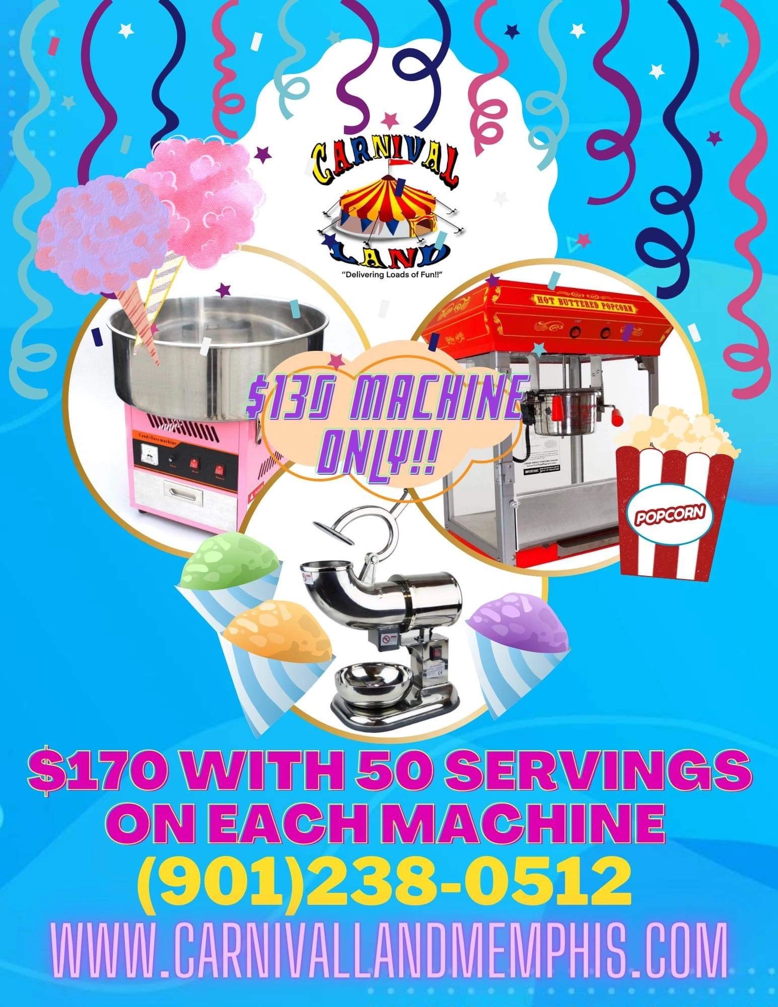 Colorful carnival machines offer $130 deals with 50 servings for $170 each.