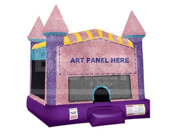 Purple and pink castle-themed inflatable bounce house with art panel space.
