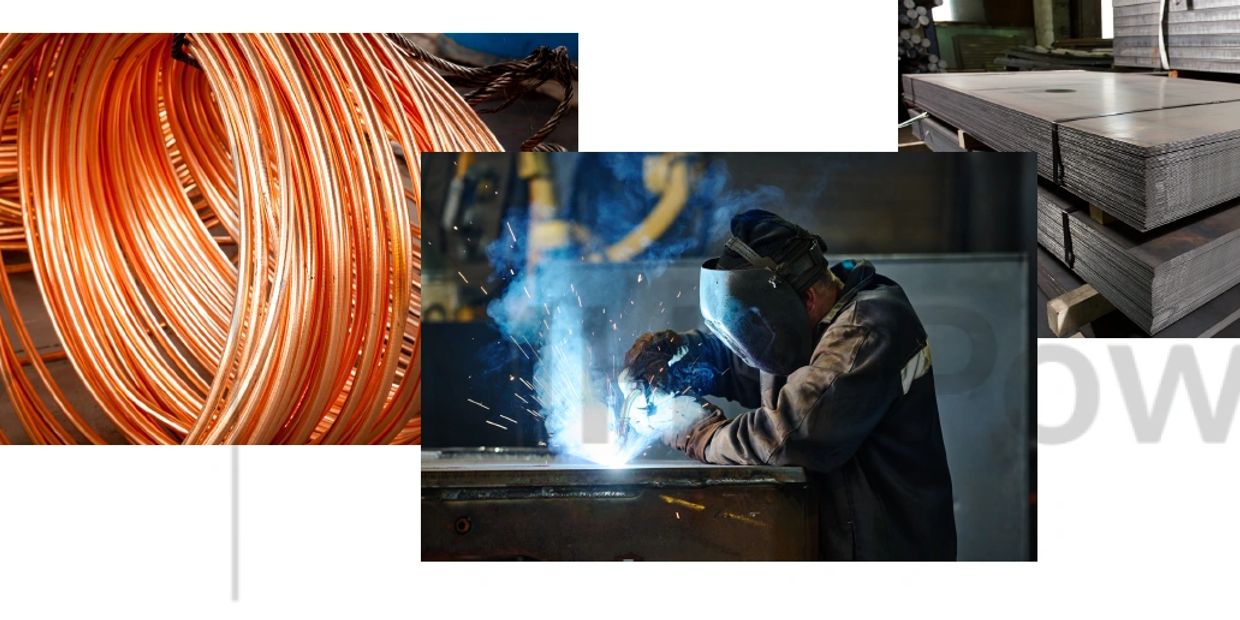 Welder working with metal sheets and copper wires in an industrial setting.