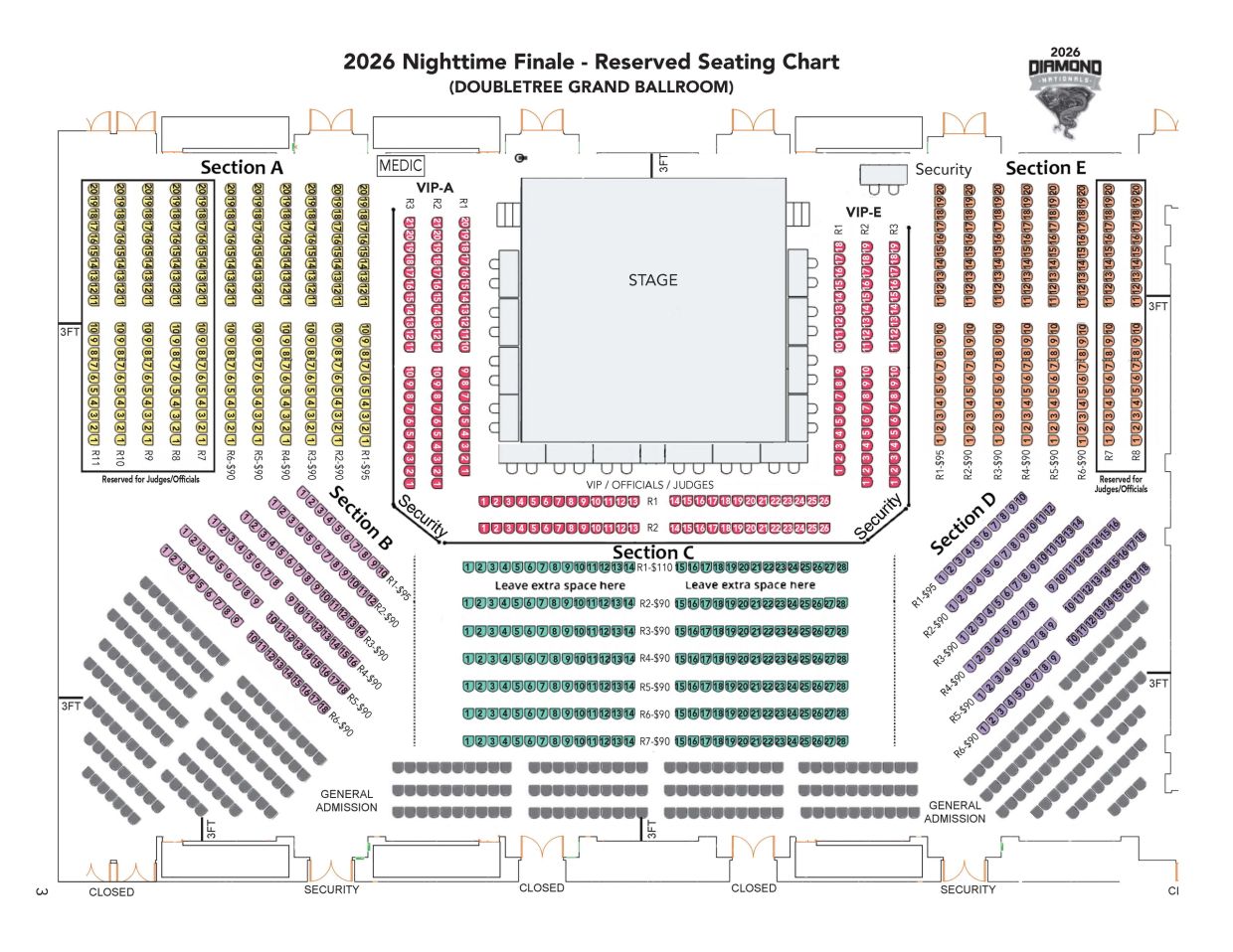 Seating chart for 2026 Nighttime Finale at Doubletree Grand Ballroom.