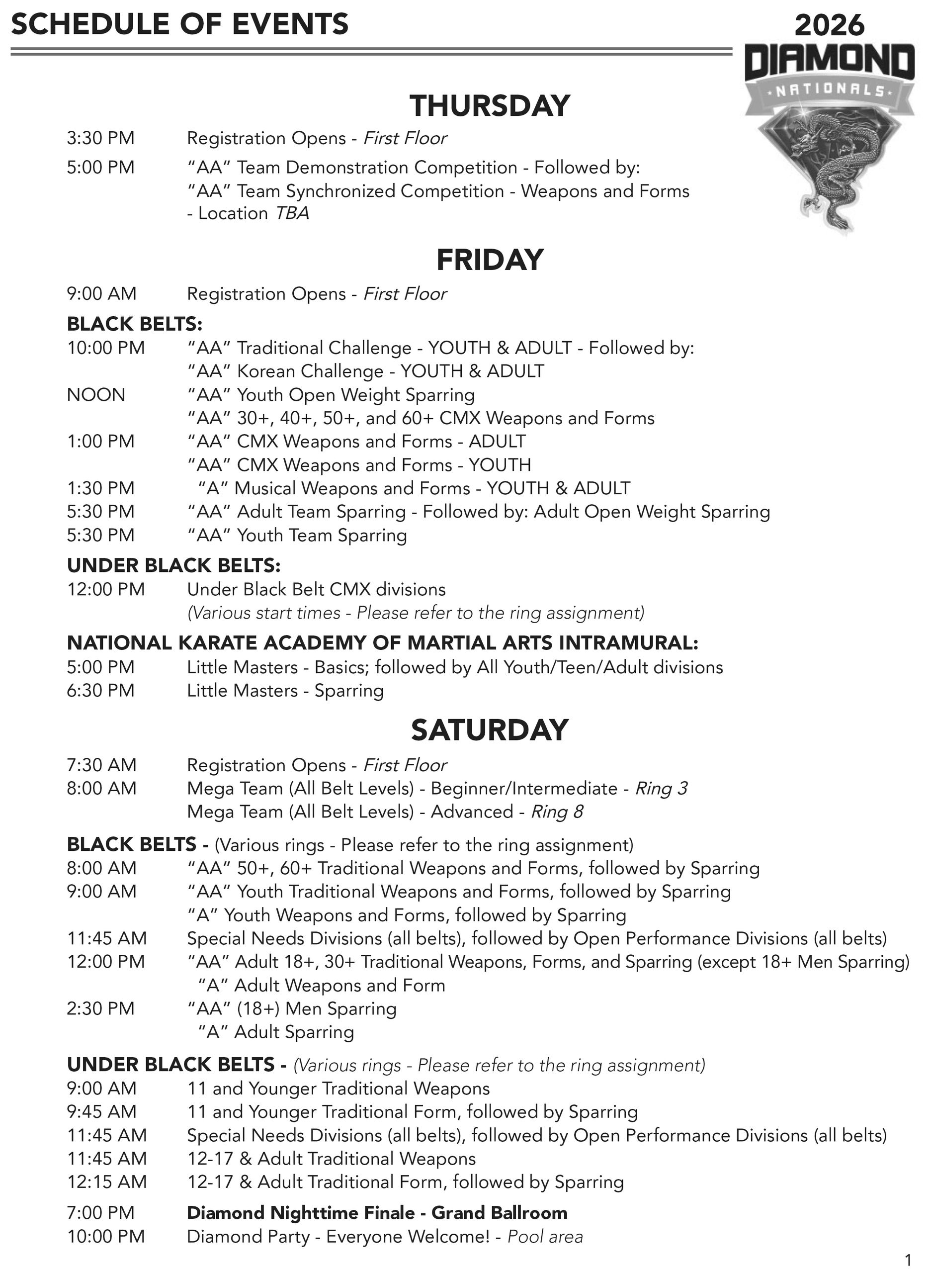 2026 Diamond Nationals karate event schedule for Thursday, Friday, and Saturday.