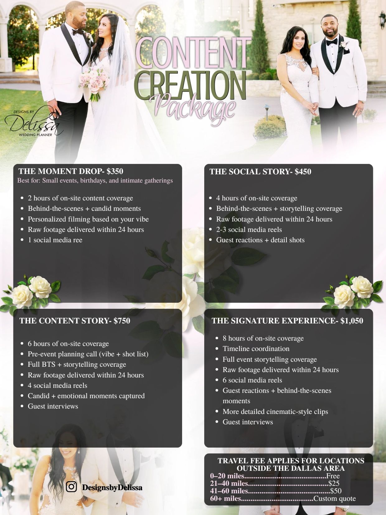 Wedding content creation packages with pricing and features.