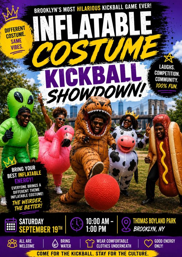 People in inflatable costumes playing kickball in a park.