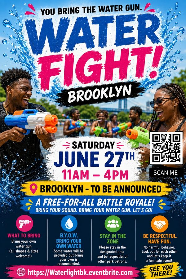 Water gun fight event in Brooklyn on June 27 from 11 AM to 4 PM.