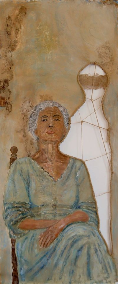 Painting of an elderly woman seated with a mannequin silhouette behind her.