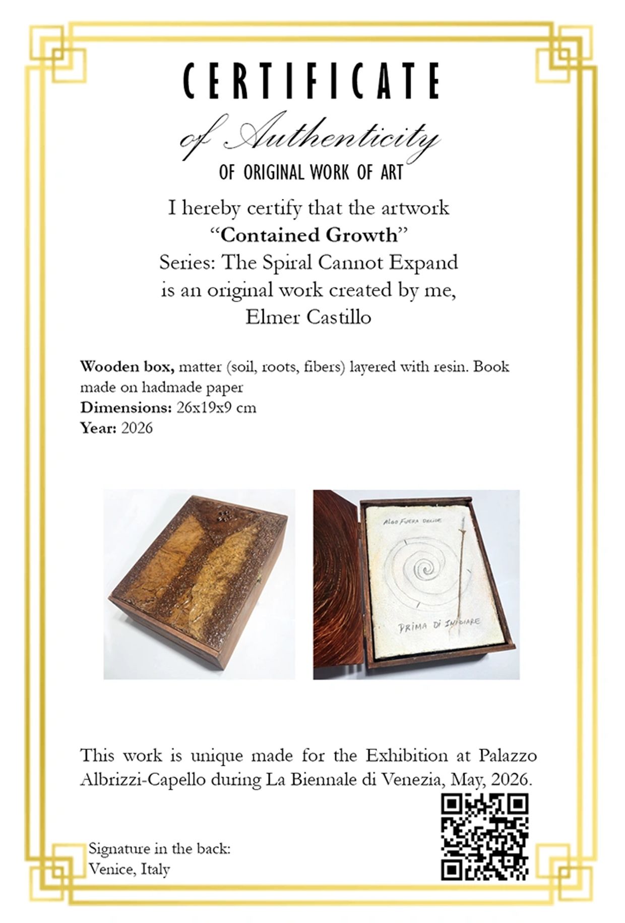 Certificate of authenticity for the artwork "Contained Growth" by Elmer Castillo.