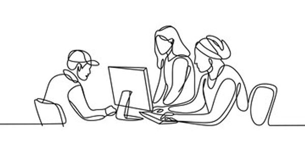 Continuous line drawing of three people working at computers.