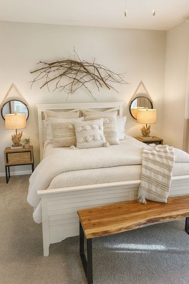Cozy bedroom with neutral tones and natural wood accents.