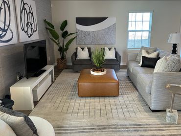 Patterned rug defining the seating area in a contemporary living room.