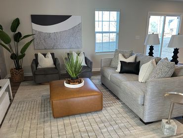 Patterned rug defining the seating area in a contemporary living room.
