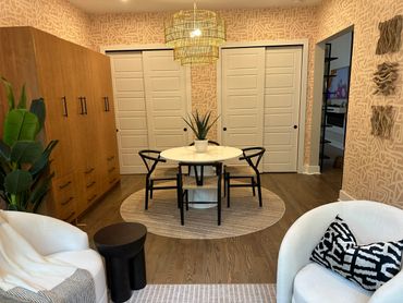 Wall-mounted decorative items adding visual interest to the space