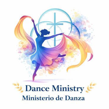Elegant dancer silhouette with flowing ribbons and a cross in the background.