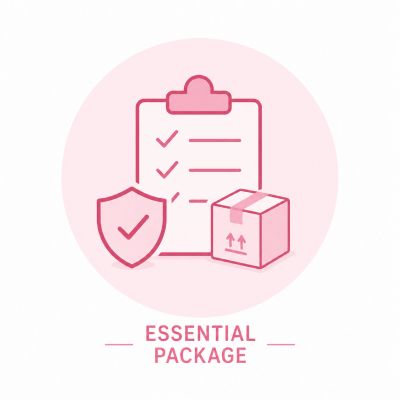 Icon representing an essential package with checklist, shield, and box.
