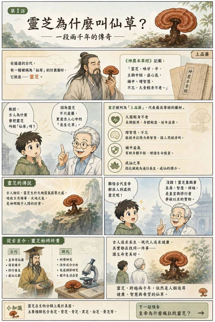 Comic explaining the history and benefits of Lingzhi mushroom as the 'immortal herb' in traditional culture.
