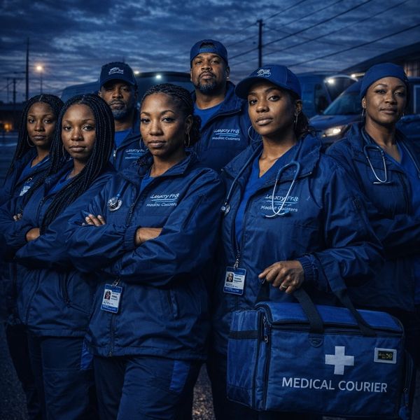 A team of medical couriers in blue uniforms standing confidently outdoors at dusk.