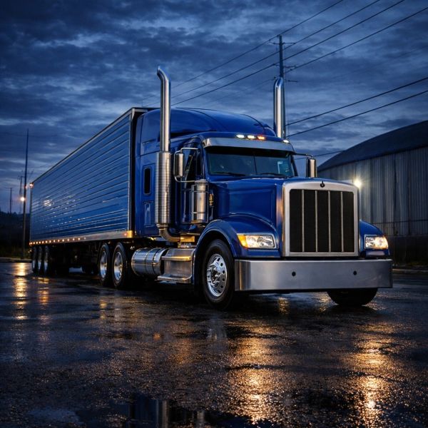 A blue semi-truck parked on wet pavement at dusk with lights on.