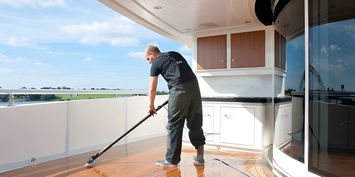 A worker cleaning a yacht, showcasing the dedicated yacht valeting services of XTL Marine.