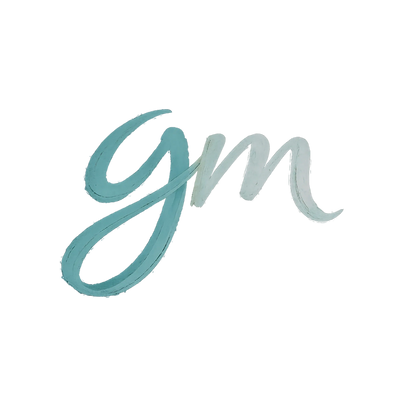 Stylized handwritten lowercase letters 'gm' in blue and gray.