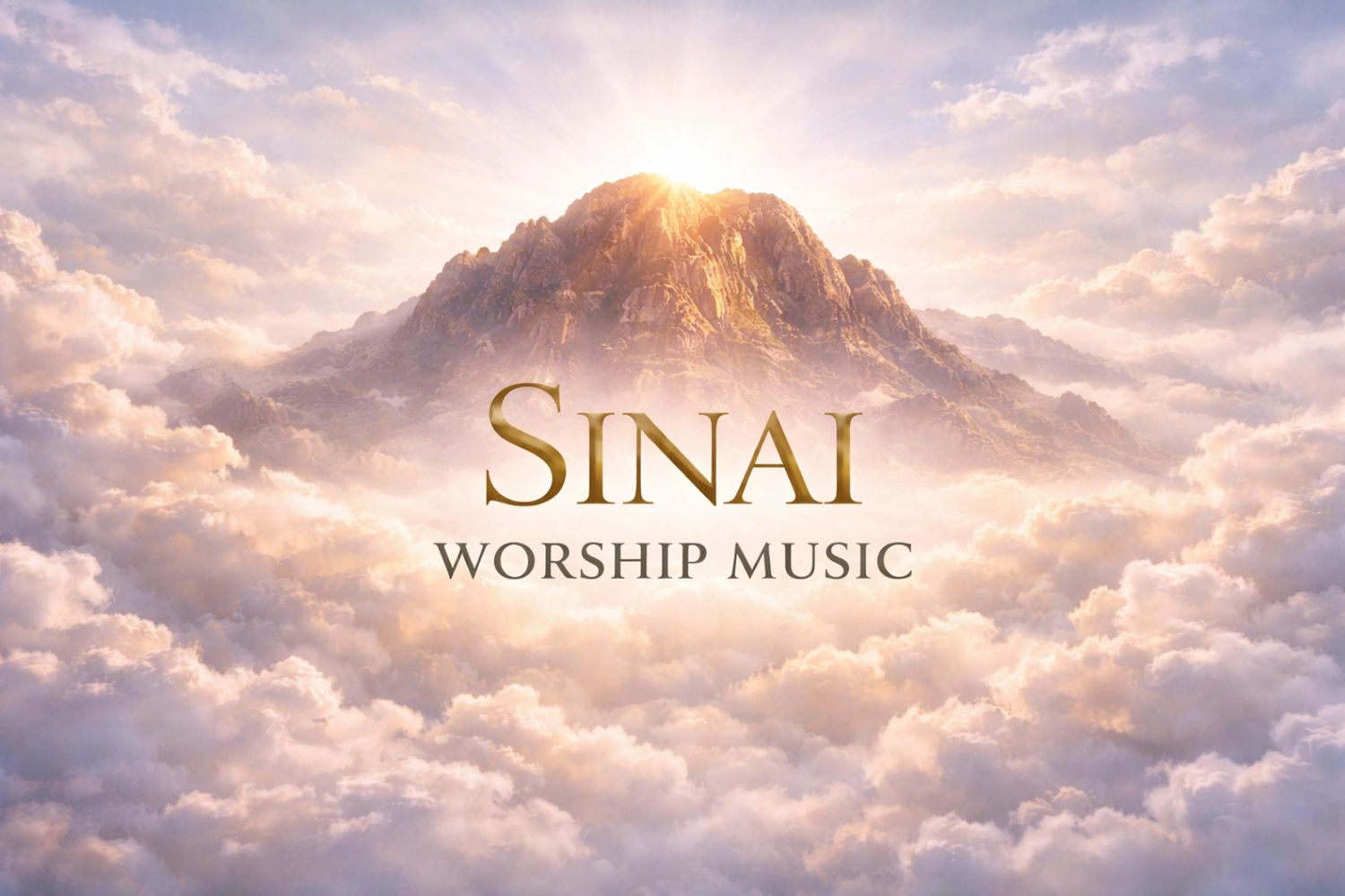 Mountain peak glowing with sunlight above clouds, featuring 'Sinai Worship Music' text.