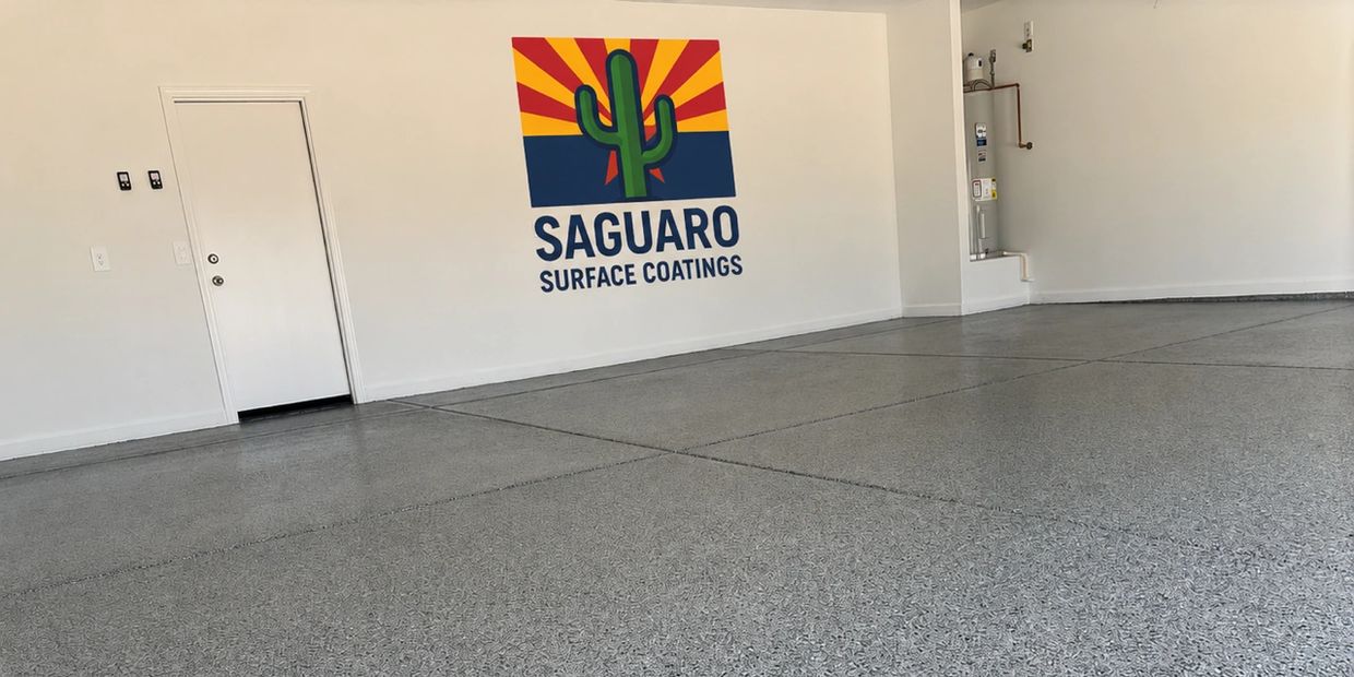 Clean garage floor with Saguaro Surface Coatings logo on the wall.