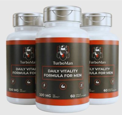 Bottles of TurboMan Daily Vitality Formula for Men supplements.