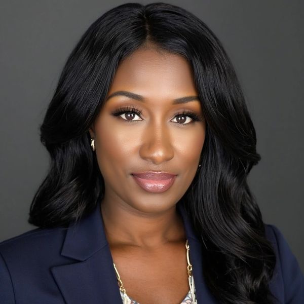 Professional portrait of a confident woman with long black hair and a navy blazer.
