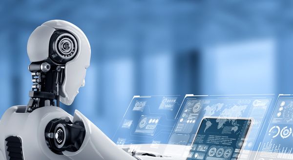 a robot working with holographic screens