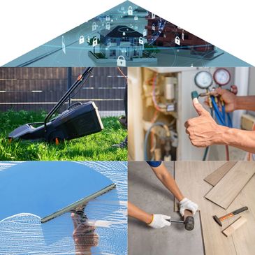 Collage of home maintenance tasks including lawn mowing, plumbing, window cleaning, and flooring installation.