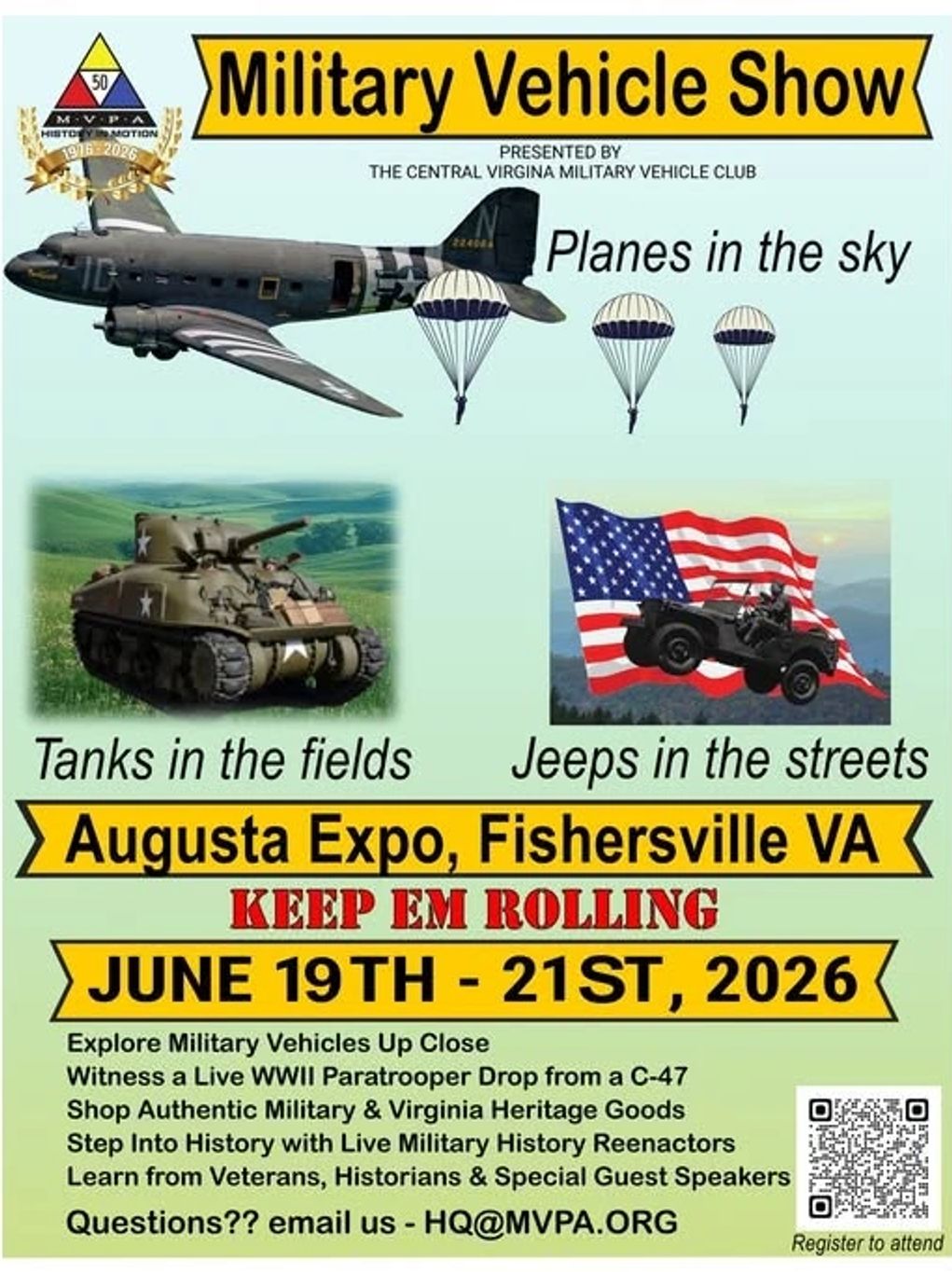 Military Vehicle Show in Fishersville VA, June 19-21, 2026, featuring planes, tanks, and jeeps.