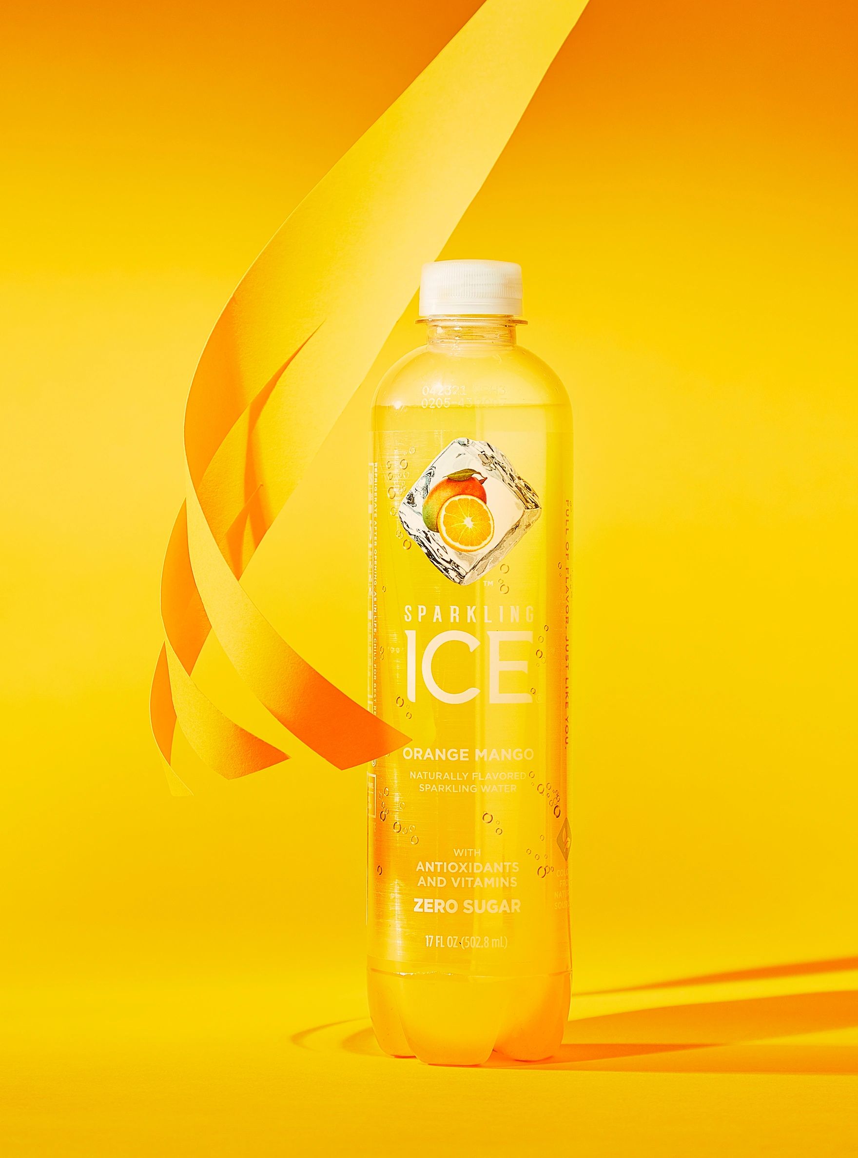 Sparkling ICE Orange Mango drink with vibrant orange background and ribbon.
