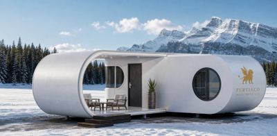 A modern, curved tiny home in a snowy mountain landscape with outdoor seating.