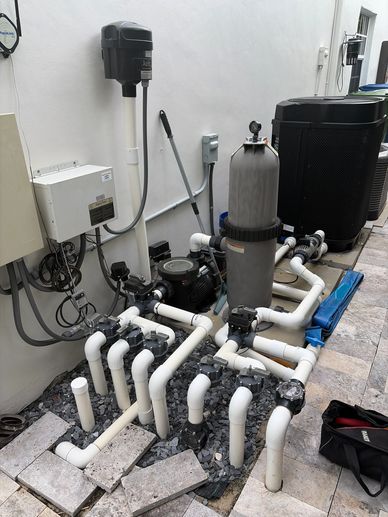 Pool equipment with pump, filter, heat pump, salt-system controls, automated valves and PVC plumbing