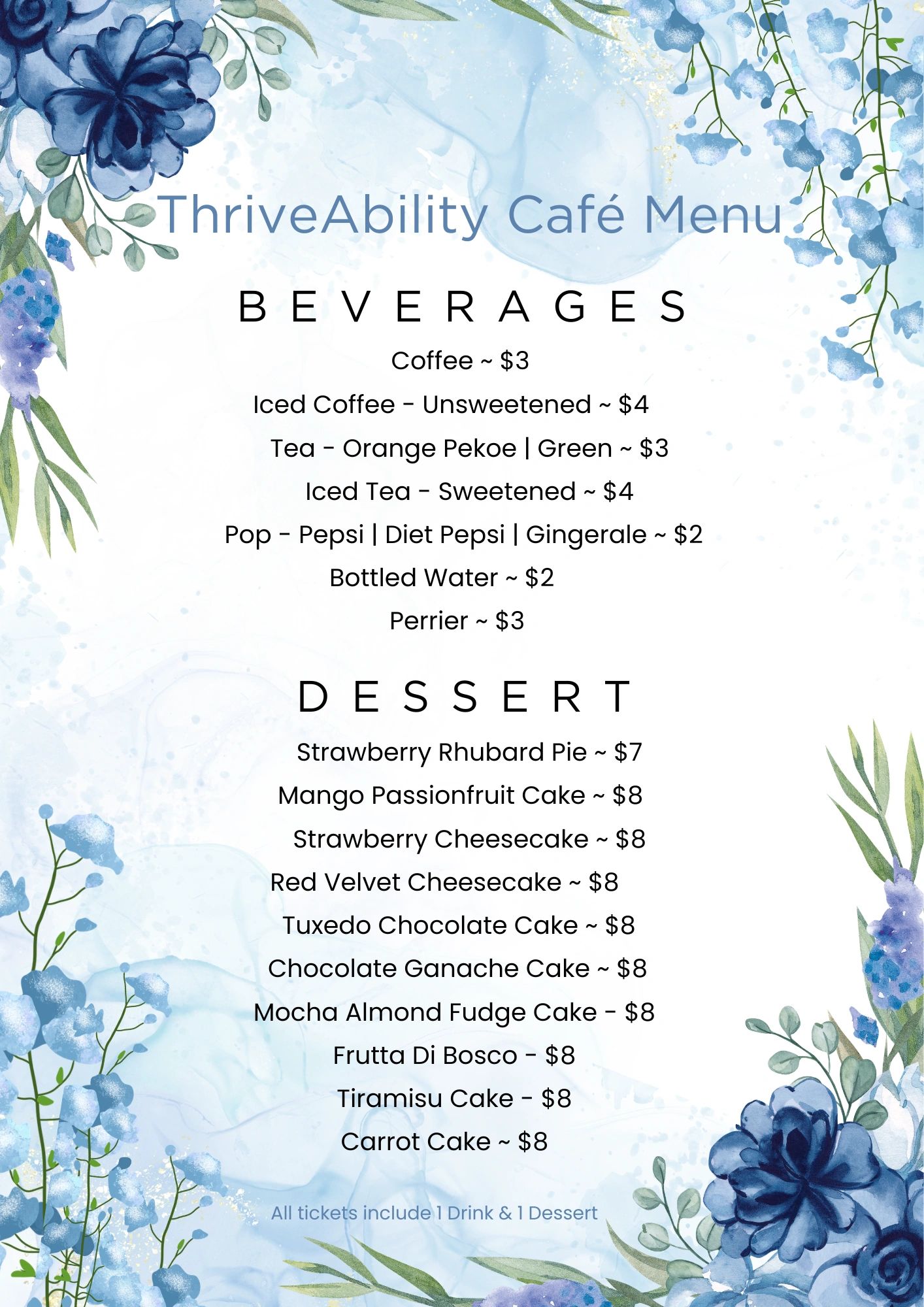 ThriveAbility Café menu with beverages and desserts, featuring floral watercolor design.