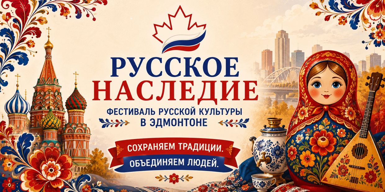Russian Heritage festival poster in Edmonton with traditional symbols and city skyline.