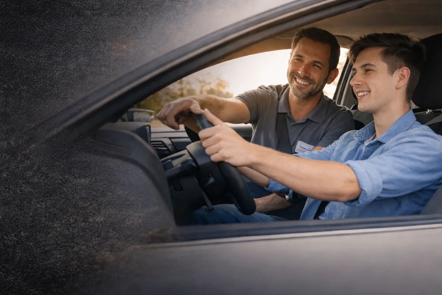 Driving instructor guiding a young man behind the wheel with a smile.