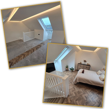 Modern attic bedroom with slanted windows and herringbone wood floors.