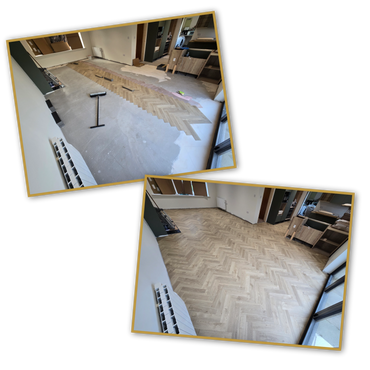 Progression of herringbone wood flooring installation in a room.