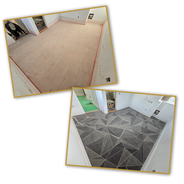 Room transformation from bare floor to geometric carpet design.