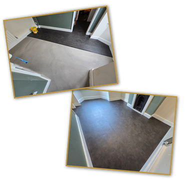 Before and after images of a room floor being covered with dark vinyl flooring.