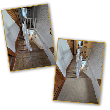 Before and after photos of a staircase renovation with new carpeting.