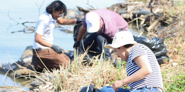 People cleaning a lakeside area.