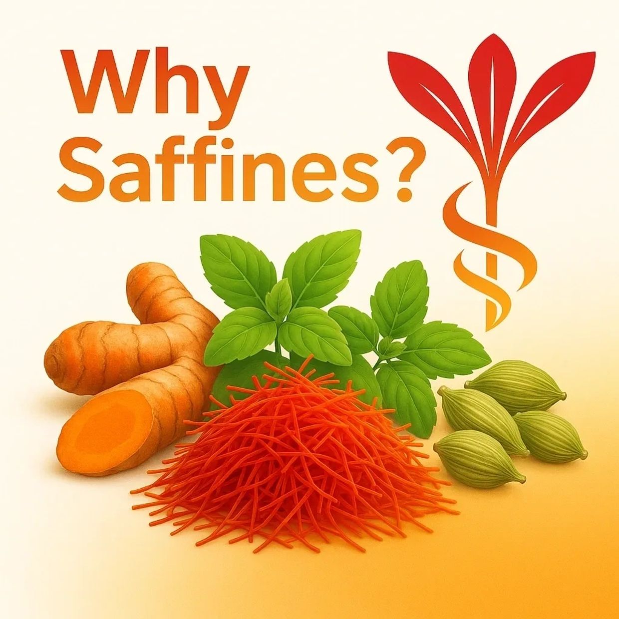Vibrant blend of saffron, turmeric, cardamom, and Tulsi with Saffines logo - crafted wellness