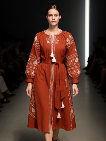 Model walking runway in rust-orange embroidered dress with tassels and black heels.