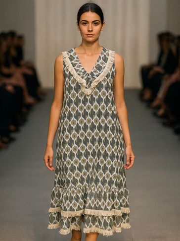 Model walking runway in patterned sleeveless dress with fringe details.