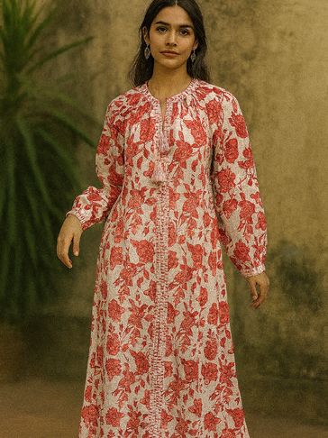 Woman wearing a long floral dress with red flowers and long sleeves.