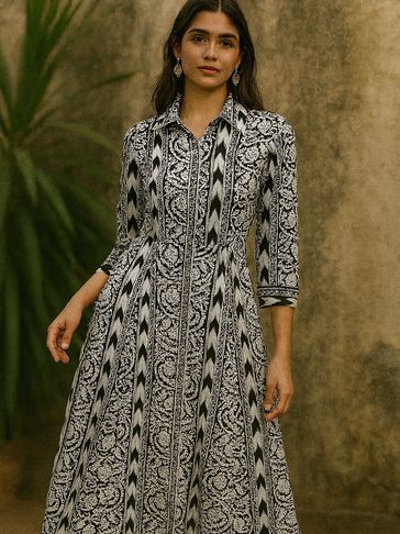 Woman wearing a black and white patterned dress with 3/4 sleeves.