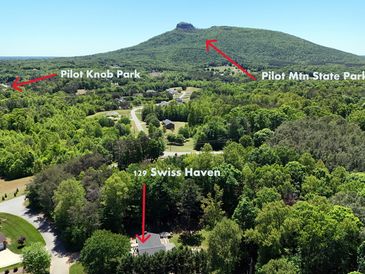 Aerial view of a green forested area with landmarks labeled.