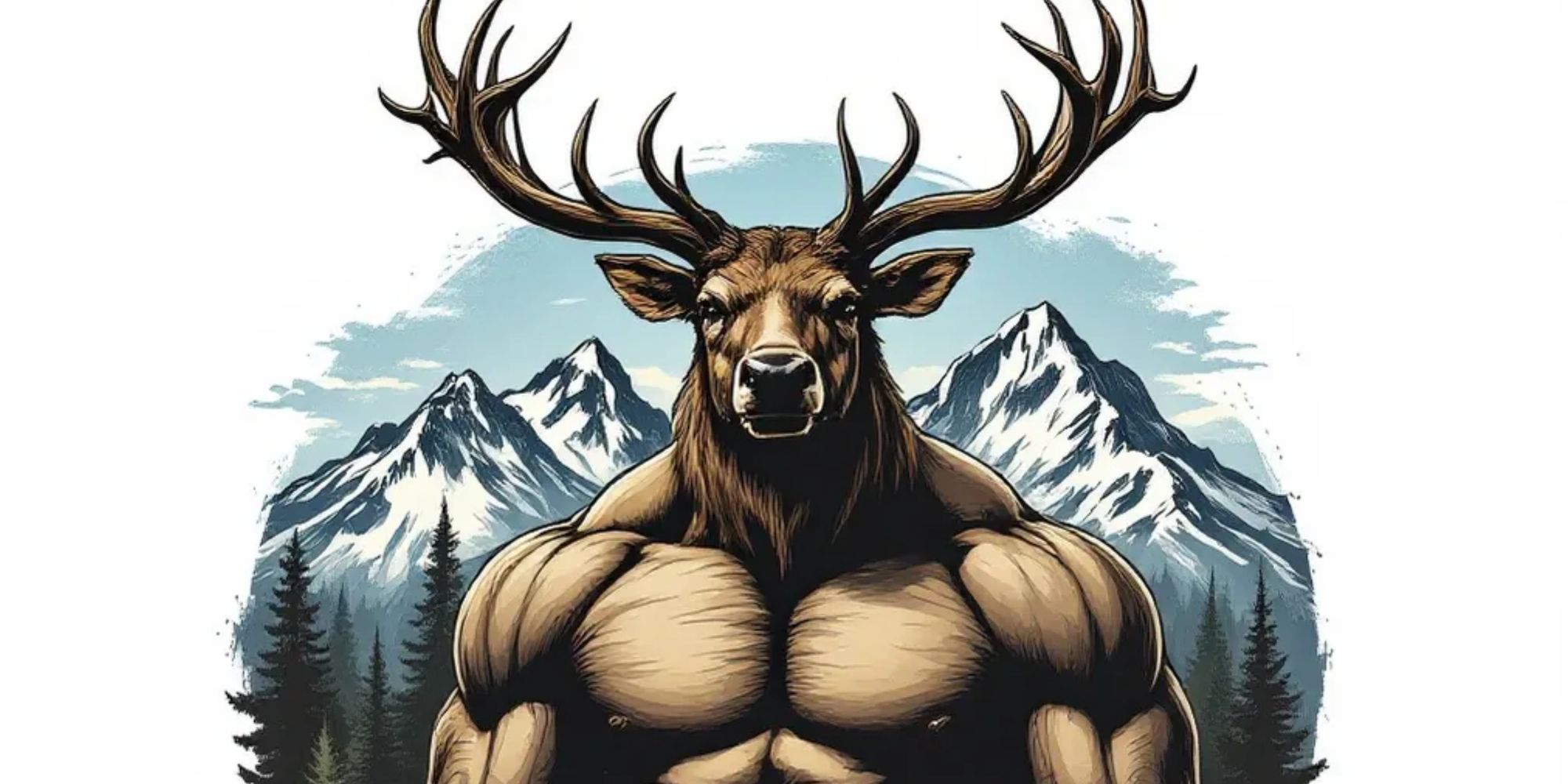 A muscular anthropomorphic deer with large antlers stands before snowy mountains.
