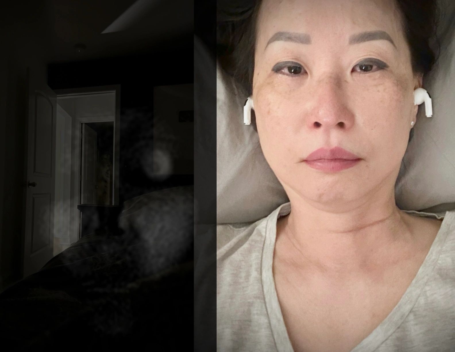 Woman lying down with AirPods and smoke-like mist in a dark room.