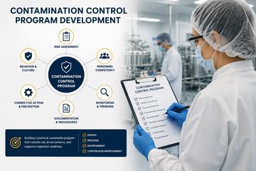 Scientist reviews contamination control program checklist in a lab.